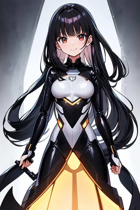 whole body,Standing posture, (alone,Shiny Hair,Hime cut,Black Hair,Long Straight Hair,Neat hair) (One girl, Normal milk), (beautifully drawn face:1.2) (Plug Suit:1.3,Black clothes) smile,Cool pose,(White background) 