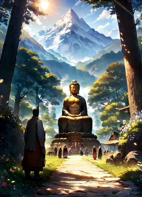 Tall seated Buddha statue in the distance, The sun shines on the mountains, Towering trees, Pilgrims walk the road. The composition is beautiful, With masterpieces, Details, and high definition