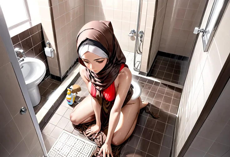 Kurdish woman in brown straight hijab nude arm nude shoulder breasts nude cleaning the ground housekeeping sitting doggy pose in bathroom view from up