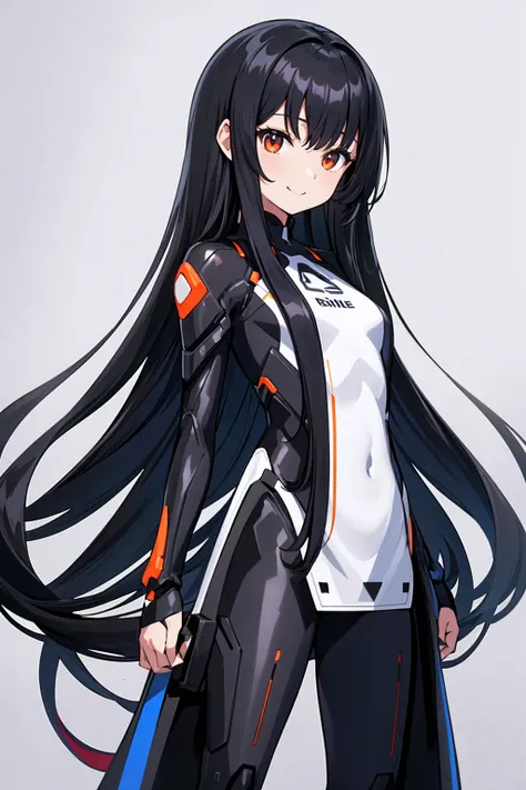 whole body,Standing posture, (alone,Beautifully arranged hair,Hime cut,Black Hair,Long Straight Hair,) (One girl, Normal milk), (beautifully drawn face:1.2) (Plug Suit:1.3,Black clothes) smile,Cool pose,(White background) 