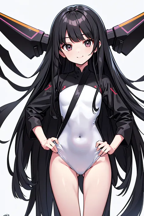 whole body,Standing posture, (alone,Beautifully arranged hair,Hime cut,Black Hair,Long Straight Hair,) (One girl, Normal milk), (beautifully drawn face:1.2) (Plug Suit:1.3,Black clothes) smile,Cool pose,(White background) 