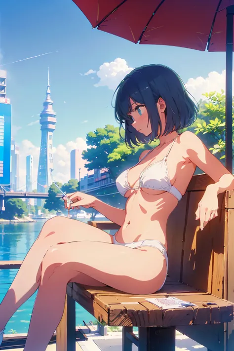 Highest quality,8k,detailed,F cup bust、Big Breasts、Very cute face、Slim and beautiful arms、Slim body、Very white beautiful skin、((((1 person、smile、Thin white bikini、smile、sit、In the background are the urban buildings of Tokyo、Outdoor café terrace、juice、Leani...