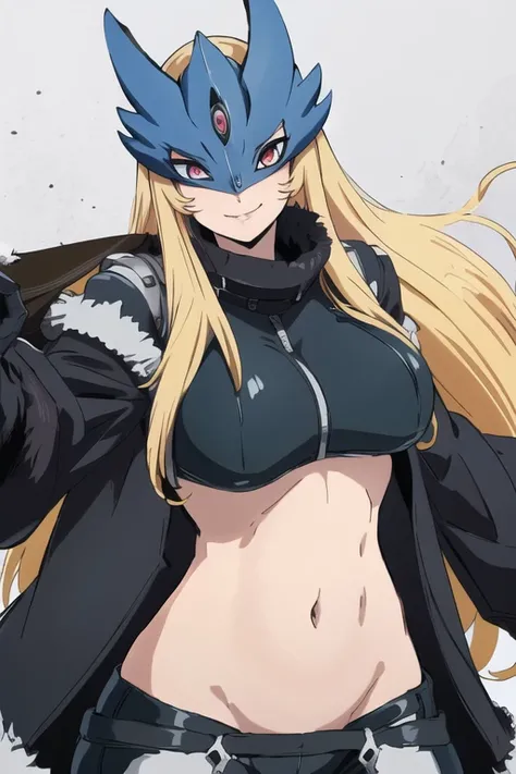 ((masterpiece,best quality)), absurdres, Beelstarmon_Digimon, 1girl, smile, solo,  blonde hair, large breasts, red eyes, sidelocks, third eye, mask,  (fur coat:1.5), cowboy shot, gloves, leather pants 