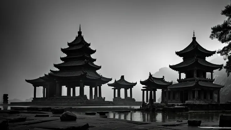 dark，Mist，The glowing ancient temple，Broken Ancient Temple，Floating boulders，man，Oriental traditional costumes，Misty，Low Angle of View，Clear focus，masterpiece，8K HD，Ultra Detail，Black and White，4k，dark的水，Creepy and ominous atmosphere