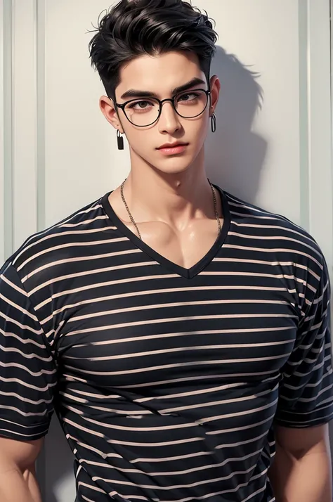 1male,muscular,pectorals,black hair,earrings,glasses,horizontal stripes,jewelry,lips,shadow,shirt,solo,striped,striped shirt,upper body,vertical stripes,vintage_vibes,