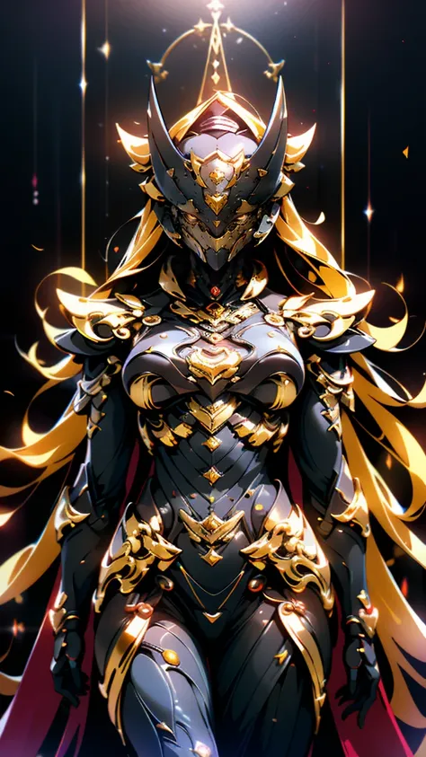 a woman adorned in fantasy-style full-body armor, a crown-concept fully enclosed helmet that unveils only her eyes, a composite ...