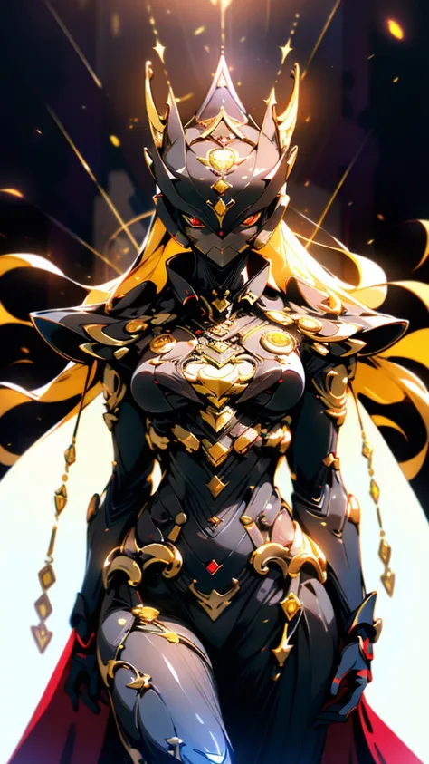 a woman adorned in fantasy-style full-body armor, a crown-concept fully enclosed helmet that unveils only her eyes, a composite ...