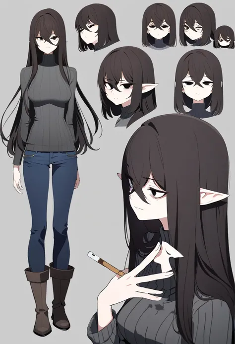 One Woman,Downer,older sister,Concept Art,Dark brown hair,Straight hair with slight inward curls,Staring eyes,Eye Ridge,black eye,Crossed bangs,whole body,smile,Slightly larger breasts,Gray background,Bangs that reach down to the eyes,Messy hair,Tight dark...