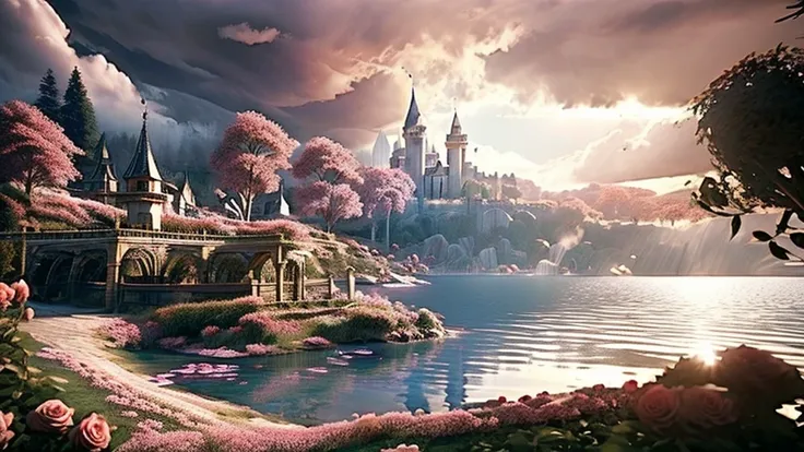 In the morning light, there is a castle by the lake. The rose garden is full of roses,surrounded by clouds and mist, It is romantic and dreamy ,super large scene,Thomas Kincaid,ultra wide Angle,high-definition picture,detailed,rendered in artstation Blurre...