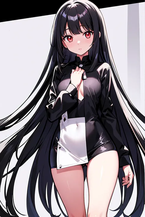 whole body,Standing posture, (alone,Shiny Hair,Hime cut,Black Hair,Long Straight Hair,Neat hair) (One girl, Normal milk), (beautifully drawn face:1.2) (Completely naked,) Embarrassed expression,Cover your chest with your hands,(White background) 