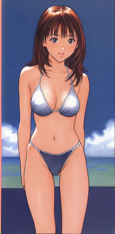 Iori is standing in a bikini, blushing and with her mouth open。