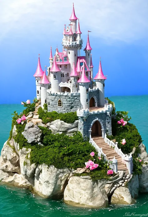 there is a castle on a rock with pink roses on it, flying cloud castle, magical castle, very magical and dreamy, fairy tale setting, fairy palace, dreamy and detailed, faery palace, seashell house, castle setting, romantic storybook fantasy, beautiful cast...