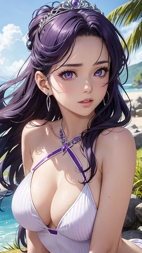 A woman wearing a white high-cut swimsuit, Purple updo、Purple Eyes、Bangs、tiara, scenery, Sexy expression, ((Very detailed)), (Perfectly detailed face), (Detailed and well-drawn hand) 、Very large breasts、Photorealistic images.Upper Body、Earrings、bracelet、ri...