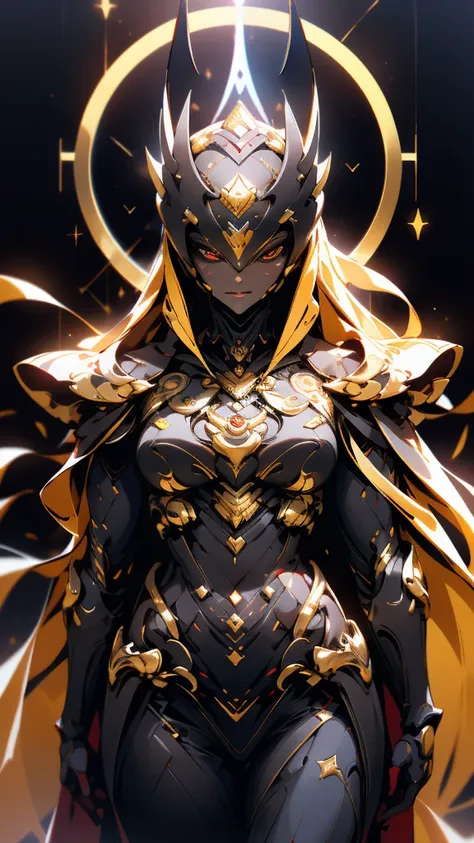 a woman adorned in fantasy-style full-body armor, a crown-concept fully enclosed helmet that unveils only her eyes, a composite ...