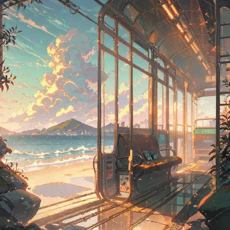 ((anime:1.4,illustration)),(masterpiece, top quality, best quality),(ultra-detailed, absolutely resolution),((16k, high res)), (((tram, seaside, blue sky, cumulonimbus cloud)) ((cozy lofi illustration:1.4)), ((anime:1.4, illustration)),(masterpiece, top qu...