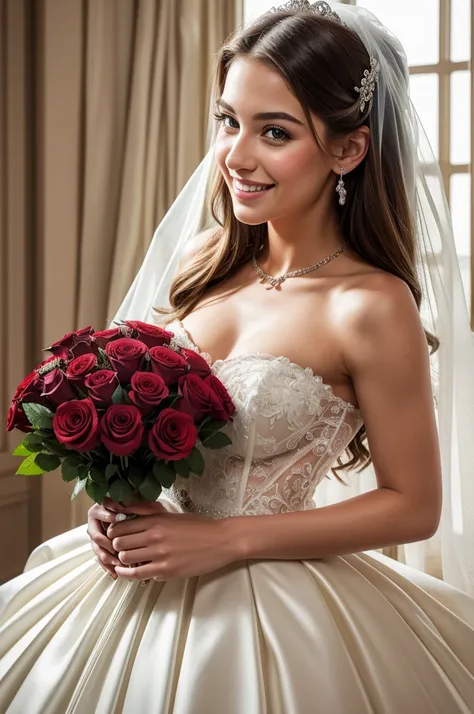 Masterpiece, best quality, very detailed, Exaggerated, realistic, beautiful young woman, white wedding dress,  Smiling face, holding a bouquet of red roses Extraordinarily detailed face
