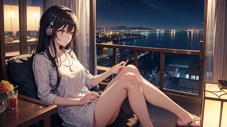 Listening to music through headphones、relaxing、Woman with a gentle expression、Beautiful sea from the window、Night view