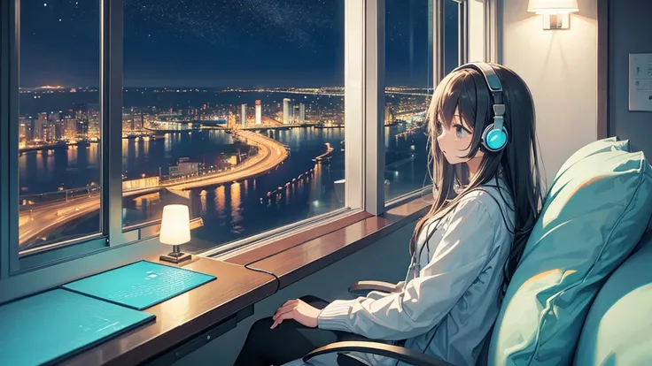 Listening to music through headphones、relaxing、Woman with a gentle expression、Beautiful sea from the window、Night view