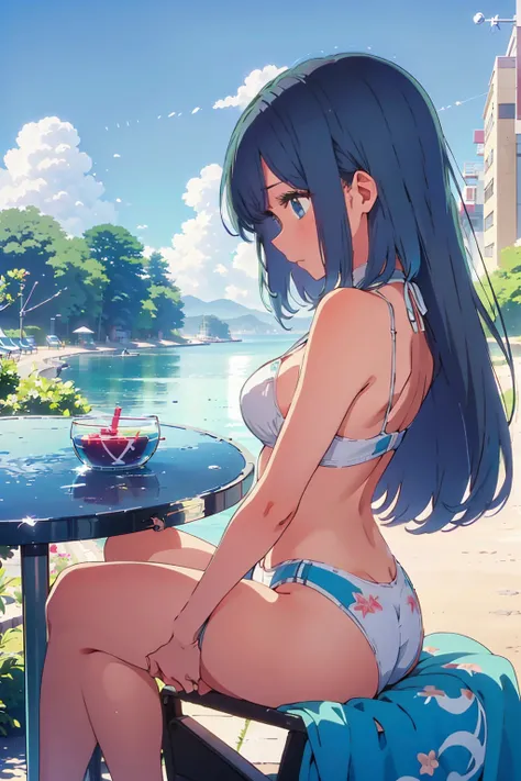 Highest quality,8k,detailed,F cup bust、Big Breasts、Very cute face、Slim and beautiful arms、Very white beautiful skin、((((1 person、smile、Thin white bikini、smile、sit、In the background are the urban buildings of Tokyo、Outdoor café terrace、juice、Leaning back in...