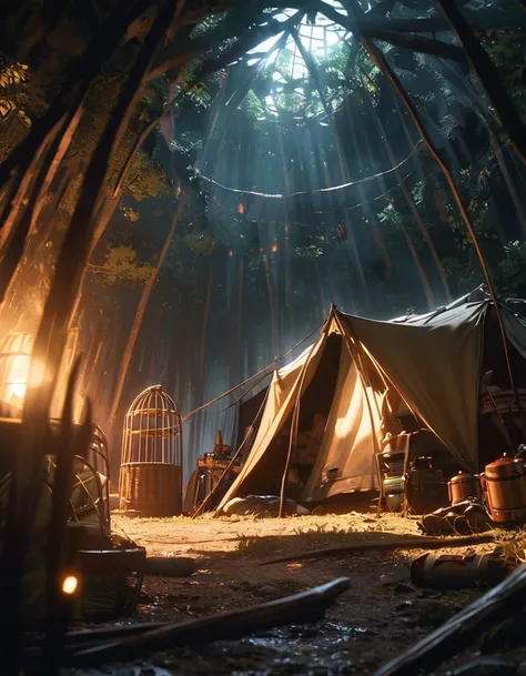 Bandit looking beside cage laughing, Inside cage is a girl, cage inside a tent, camping equipment, dark fantasy, cinematic lighting, scenery