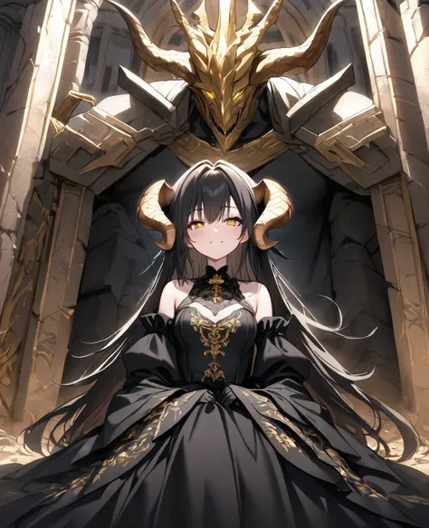 ((Fantasy,masterpiece,Highest quality,High resolution,finely)),(In front of the altar of the ancient ruins、With a nihilistic smile、Leaning on a giant battle axe that was sunk into the ground、A beautiful girl with long black hair and golden eyes,Two dragon ...