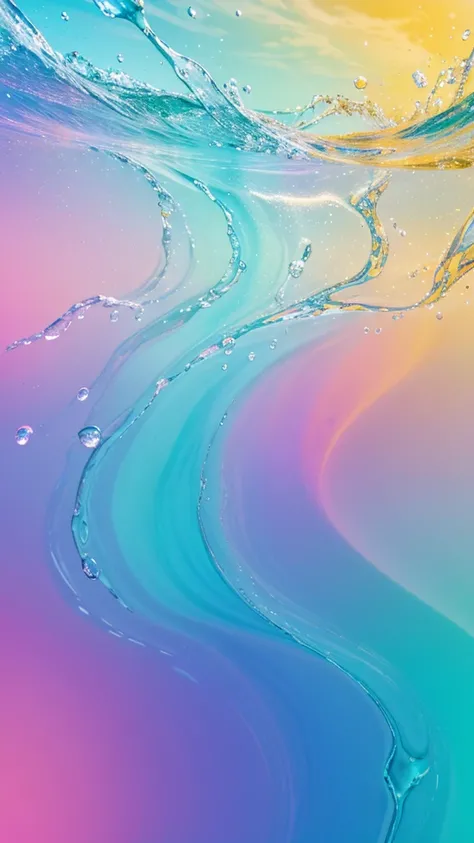 Background wallpaper for your desktop in the form of color shapes like liquid glass with connecting translucent bubbles in the colors of violet, blue, pink,, turquoise, pastel shades, ocean waves pale green and pale yellow 