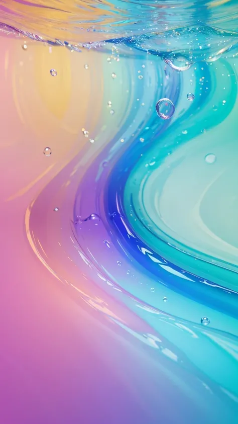 Background wallpaper for your desktop in the form of color shapes like liquid glass with connecting translucent bubbles in the colors of violet, blue, pink,, turquoise, pastel shades, ocean waves pale green and pale yellow 