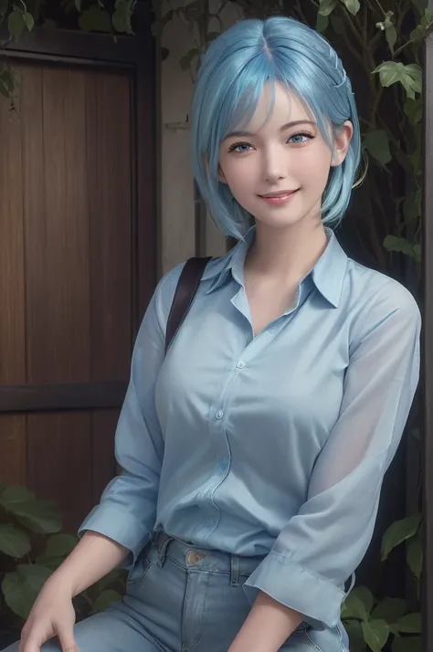 (masterpiece:1.3), (8k, Realistic, RAW Photos, Highest quality: 1.4), (One Girl), Beautiful Face, (Realistic Face), (smile:1.2), ((happy)), (pale blue hair:1.1), (medium hair:1.3), Beautiful hairstyle, Realistic eyes, Beautiful details, (Realistic Skin), B...