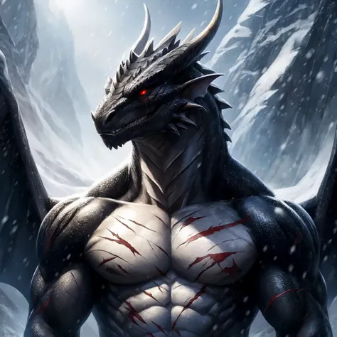 Tall and muscular furry dragon, bright black scales, shimmers in the light, white belly, wings, the whole body is covered in scars, red eyes, gaze directed upward, turn the head to the side, raised up, looks into the soul. Claw scar on chest. High Quality ...