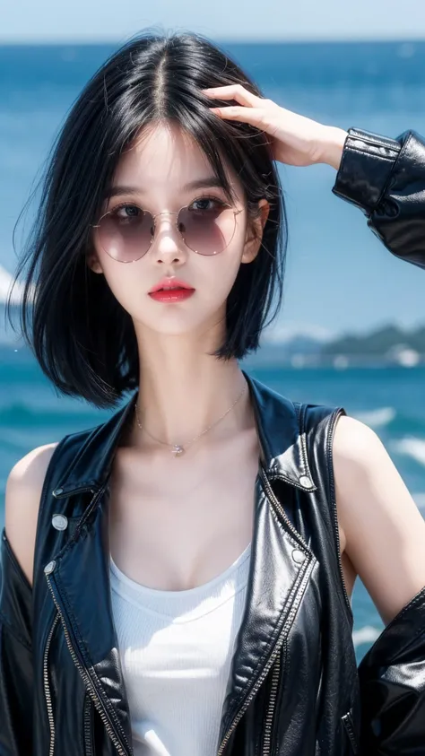 best quality, 1 Girl, dark blue hair, black eyes, Very short hair, Spiky hair, Sweet girl clothes,  Wearing black sunglasses, 171 cm, Messy hair, Hair between the eyes, Medium breas, Tomboy, aldult, 20 years old, 1 Girl with yatch luxury at the sea