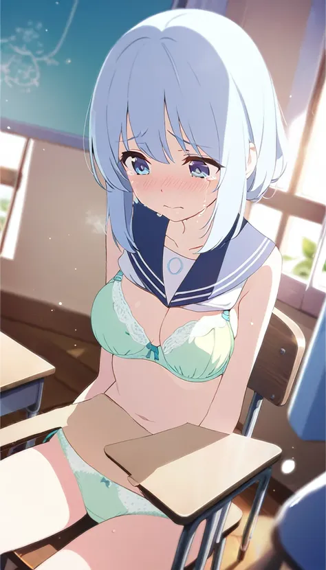 One girl、In the classroom、Sitting in a chair、Light blue hair、blue eyes、Standard bust size、Feeling embarrassed、Tears in the eyes、Looking down、A little big chest、Wearing a sailor collar、Wearing a green bra、Wearing green panties、Daytime view