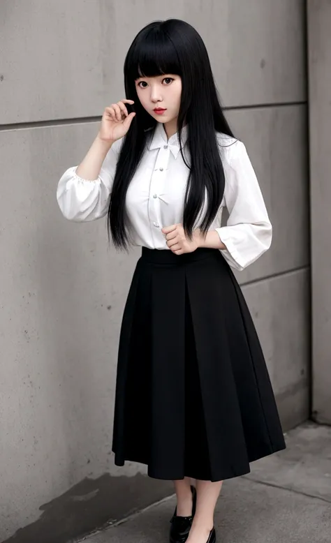 American Chinese, with bangs, Thick hair, Long полосатая_black and white) dug up, "Long" Black skirt, lolita shoes, Bruce Wayne&#39;s daughter