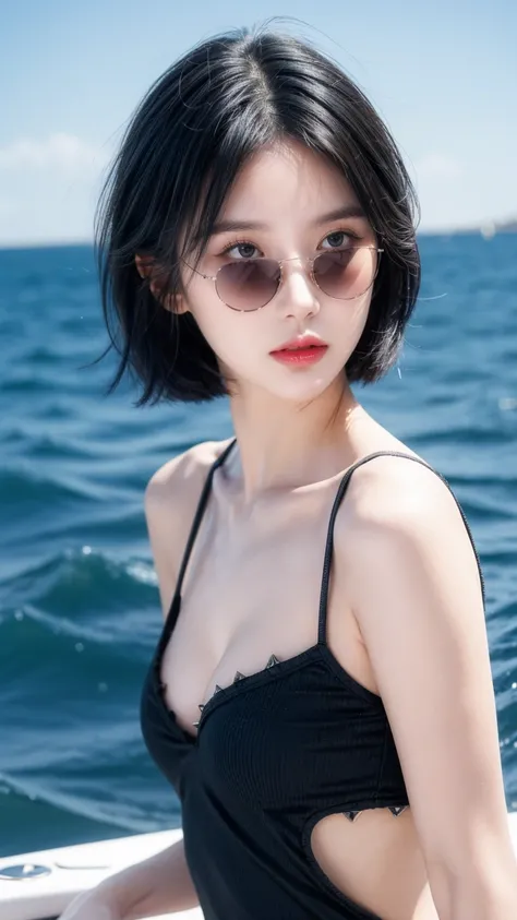 best quality, 1 Girl, dark blue hair, black eyes, Very short hair, Spiky hair, Sweet girl clothes,  Wearing black sunglasses, 171 cm, Messy hair, Hair between the eyes, Medium breas, Tomboy, aldult, 20 years old, 1 Girl with yatch luxury at the sea