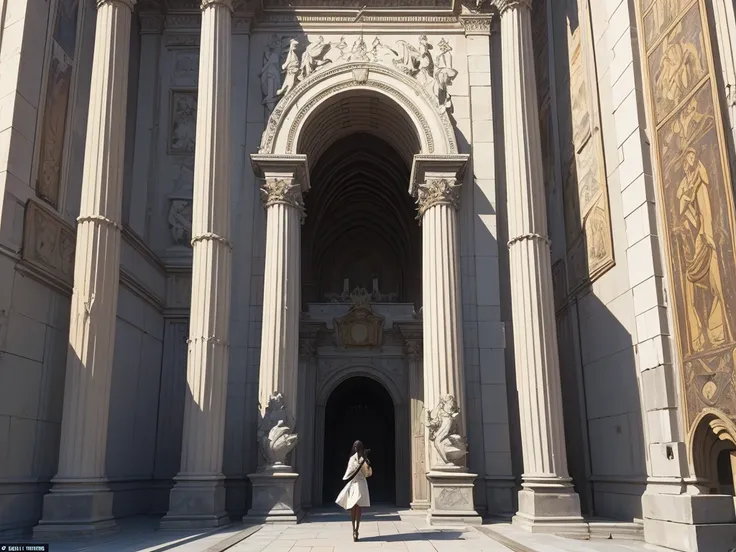 a great dark imposing tall grand gate shut and barred, set within massive wall of white stone, high relief sculptures adorn the grandiose entrance to the citadel with enticing imagery of marbled greco-roman women