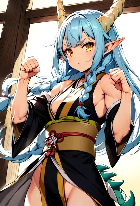 cute young girl, light blue hair, long hair, small braids hair, yellow eyes, dragon horn, dragon tail, elf ear, muscular body, small breast, sexy japanese outfit, fight pose