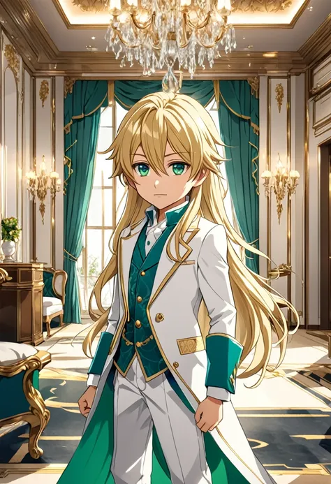 5 years old, （Handsome ((boy))）, blonde long hair, blue-green eyes, white clothes, playing in a luxurious room, anime style