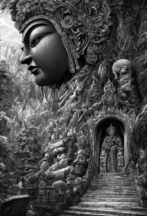 The artwork of this masterpiece is mainly in dark style，In the distance stands a gorgeous black Buddha statue，Huge and awesome。Pilgrims on the road slowly walked along the solemn stone steps，Seeing this magnificent sight。The details are extremely exquisite...