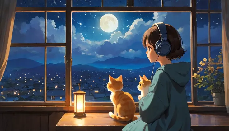 The style of Ghibli animation，The night sky appears deep and calm，The clouds are very thick，The moonlight shines through the gaps in the clouds，Appear soft and warm。A girl，Sitting by the window，Wearing headphones，There is a cute kitten next to it，His eyes ...