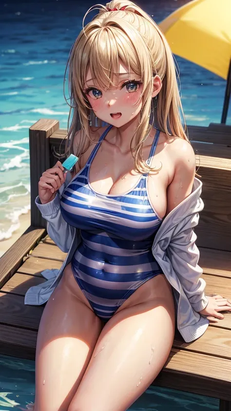 (highest quality)), ((masterpiece)), (Familiar), Perfect Face,Shiny skin,Beautiful breasts,Kyoto Animation style drawing,Shiny skin、hoodie、Sunburned skin、Sweat、Off the shoulder、((Striped swimsuit))、Double teeth、Sit on a chair、Leg spread
、Young、Big Breasts、...