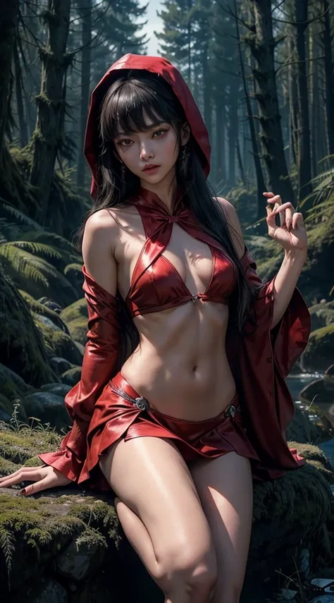 (8K, Raw photography, top-quality, ​masterpiece:1.2),  One Woman、Japan at the age of 18,fullllbody.{scinematic angle、Wide Angle、Dont split the screen、}（Realistic Skins 1.4）、（red riding hood、Wear a crimson hood）、（（（red hoods、Red dress、Black stockings、high-h...