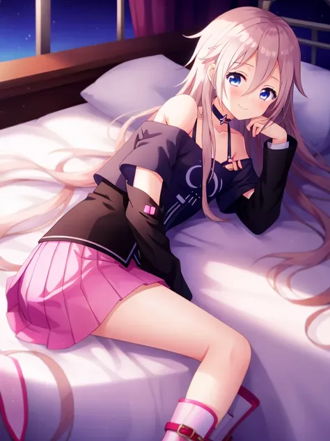 one girl, ia, vocaloid, skirt, black shirt, off shoulder, choker, beautiful, happy, boots, naive, lying on bed