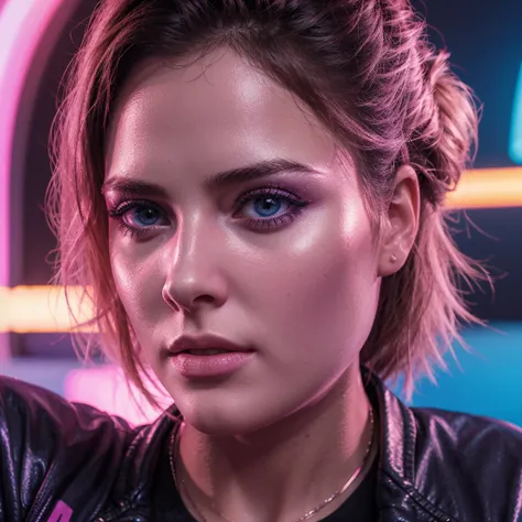 1girl, colorful theme, synthwave sky,(best quality, high quality, high resolution), realistic, ultra-detailed, highly detailed face features, absurdres,  realistic lighting and reflections, highly detailed face features, see through shirt, best photo,high ...