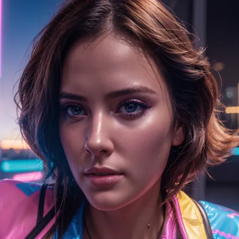 1girl, colorful theme, synthwave sky,(best quality, high quality, high resolution), realistic, ultra-detailed, highly detailed face features, absurdres,  realistic lighting and reflections, highly detailed face features, see through shirt, best photo,high ...