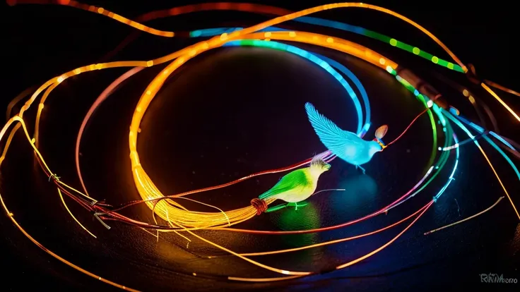 image of a fiber optic cable that forms a lovebird, the end of the optic cable looks tangled in a mess, the optic cable of various colors looks spectacular starting to unravel, all of which spins away with the end glowing with light