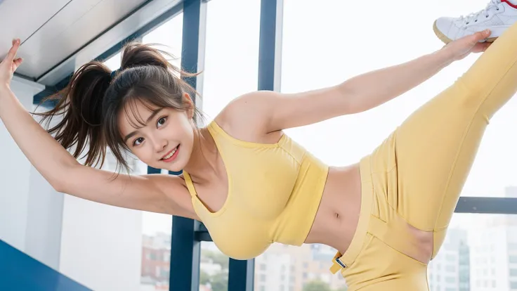 1 Girl, Beautiful, Baby Face, 20 Years Old, White Skin, Bare Breasts, Sexy Pose, Gymnastic Outfit, , Muscles, Bokeh, In the Zero Gravity Experience, Masterpiece,Wearing a sports bra and Tight yellow jeans,(((Pose jumping from a height)))), Joyful facial ex...