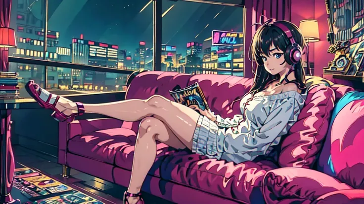 Highest quality, 4k wallpaper, masterpiece, Highly detailed CG Unity 8k wallpaper, Very fine grain, Super detailed, Intricate details, Retro art style, ((Synthwave art style)), (Girl sitting on sofa,In a cozy room,Records hanging on her wall, Comic books o...