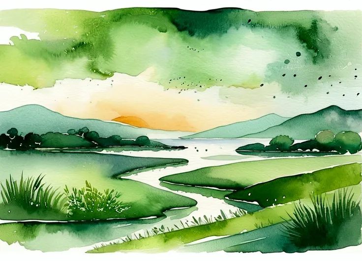 Dawn, watercolor, Painting illustration, Abstract natural scenery, 豊かなwatercolor, watercolor illustration style, デジタルwatercolor painting, watercolor digital painting, Digital Landscape Painting, Abstract Landscape, Calm light green, Expressive numbers