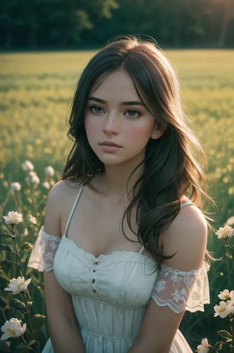 a beautiful young woman in a field of flowers, natural lighting, cinematic, dreamy, nostalgic, film grain, shallow depth of field, soft colors, warm tones, (best quality,4k,8k,highres,masterpiece:1.2),ultra-detailed,(realistic,photorealistic,photo-realisti...