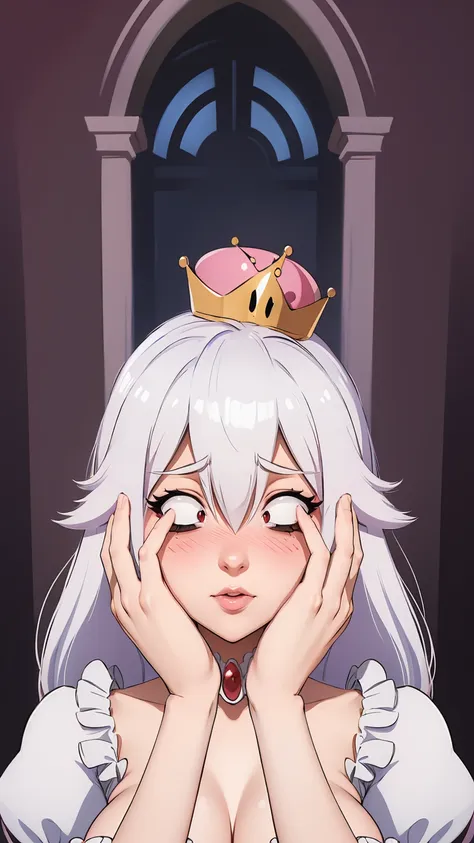 ((masterpiece)), ((best quality)), (detailed), perfect, solo, boosette, gorgeous girl, luscious lips, white hair, (((very shy)))...