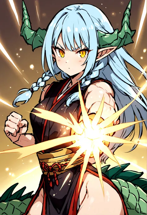 cute young girl, light blue hair, long hair, small braids hair, yellow eyes, dragon horn, dragon tail, elf ear, muscular body, small breast, sexy japanese outfit, fight pose